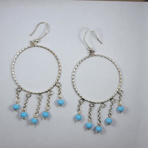 Sterling Silver Hoop Earrings Blue Beads 3 Inch Vintage Dangle Jewelry - Picture 5 of 10